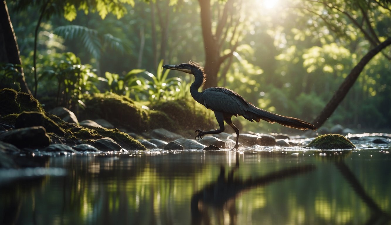 A lush prehistoric forest with a Tapejara flying gracefully, its distinctive crest catching the sunlight as it hunts for fish near a tranquil river