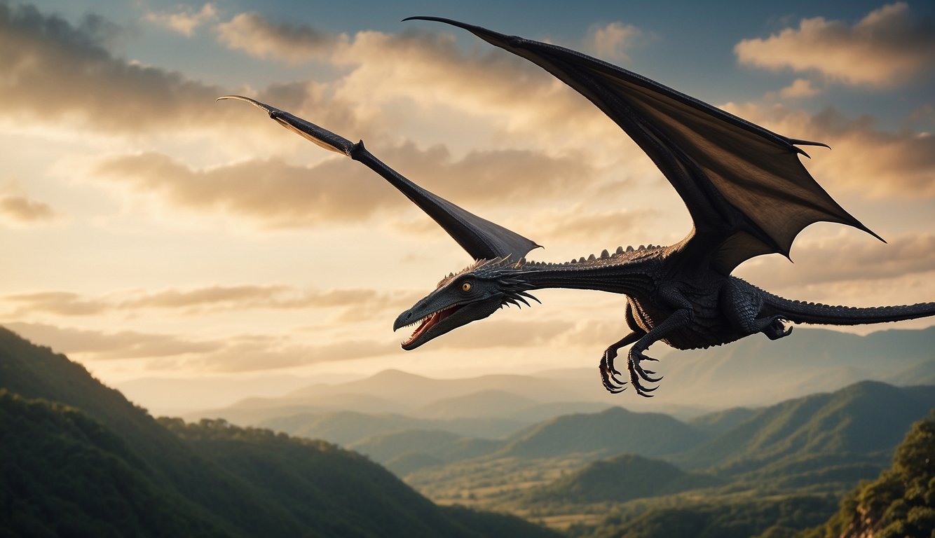 A Tapejara pterosaur with a large crest soars gracefully through the prehistoric skies, its wings outstretched and body streamlined for flight