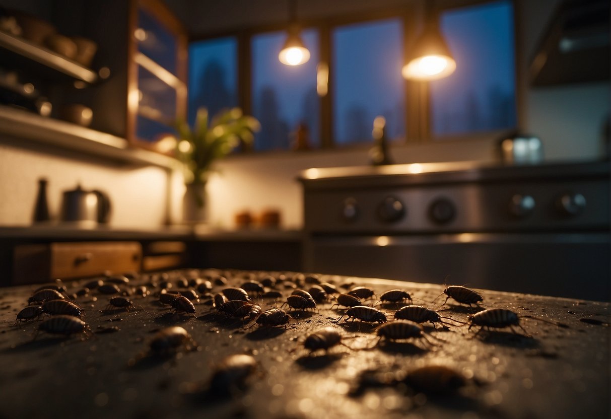 Roaches scatter across a dimly lit Alaskan kitchen, drawn to crumbs and food scraps on the counter and floor