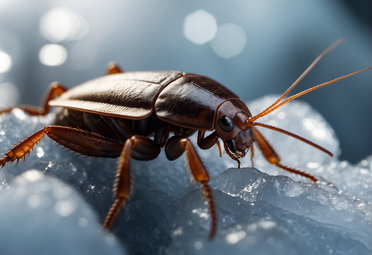 Cockroach species in Alaska crawling on icy surface