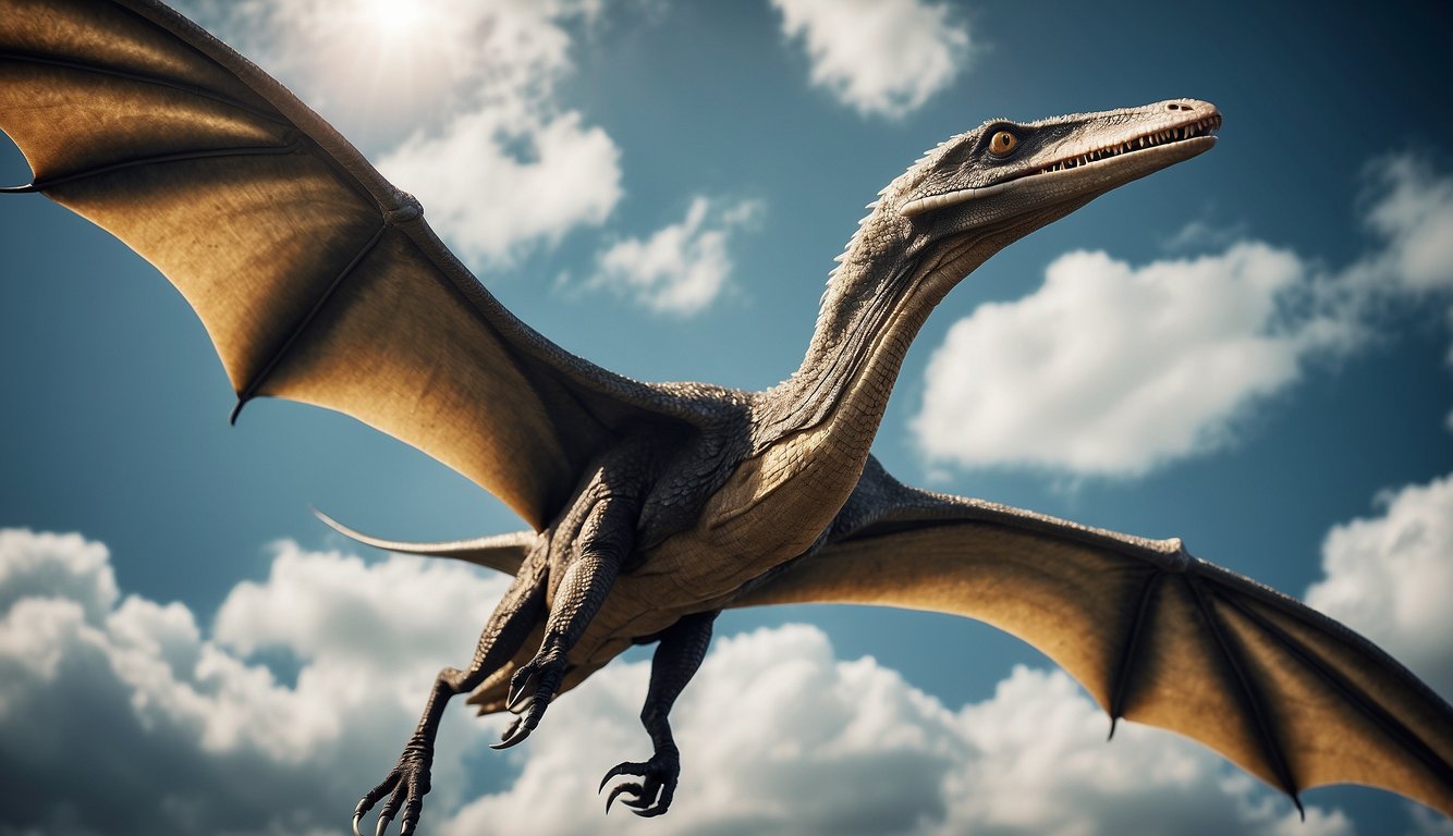 A Tapejara pterosaur with a distinctive crest soars through a prehistoric sky, its wings outstretched and its sharp beak pointed forward