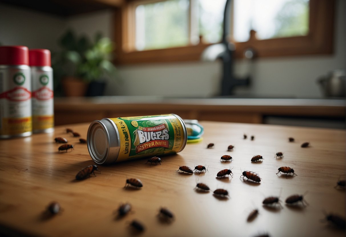 Roaches scatter in an Alaskan kitchen, as a can of bug spray sits on the counter