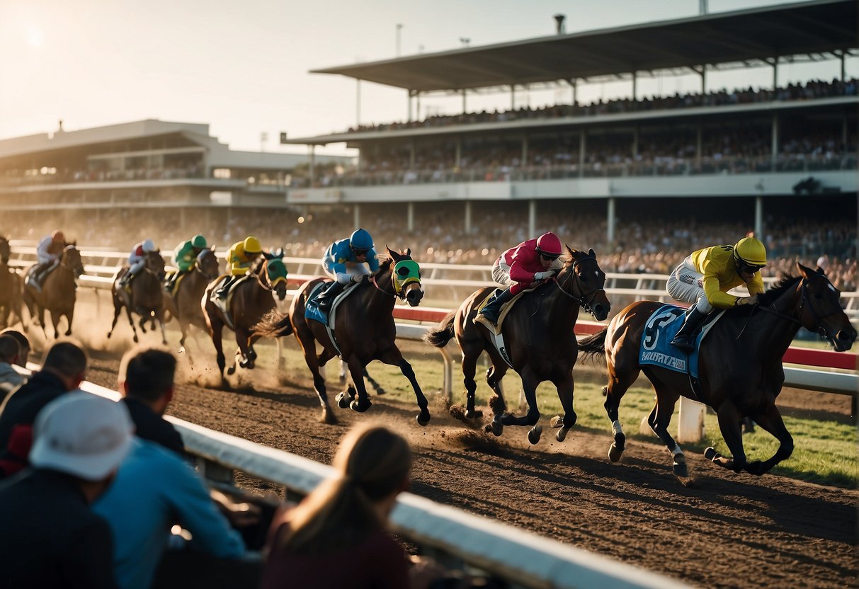 A bustling racetrack with colorful banners, excited crowds, and sleek thoroughbred horses thundering down the track. Bookmakers' booths line the edges, with eager punters placing bets on their favorites