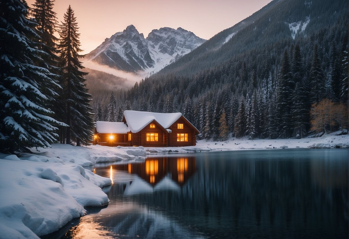 A cozy cabin nestled in a snow-covered forest, with a warm glow emanating from the windows, surrounded by towering mountains and a serene, icy lake