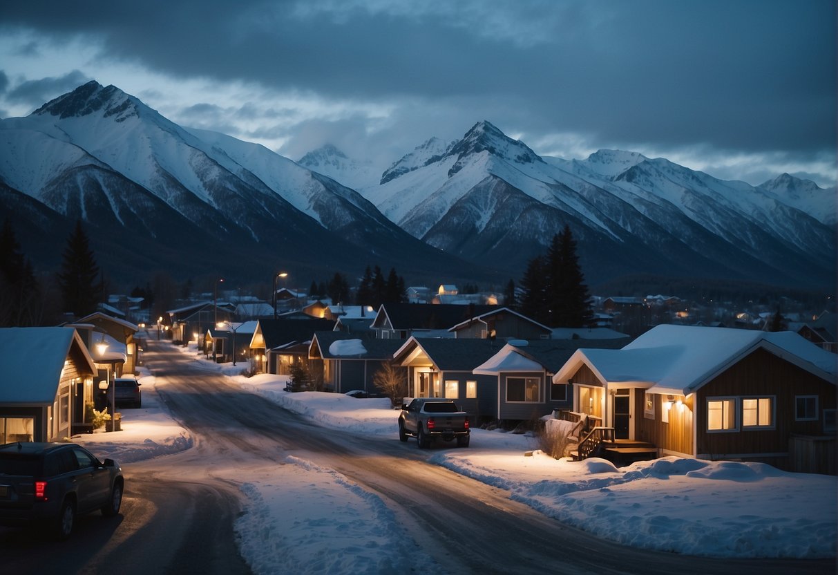 A tranquil Alaskan town with snow-covered mountains, cozy homes, and peaceful streets, contrasting with a distant, dimly lit area hinting at potential crime