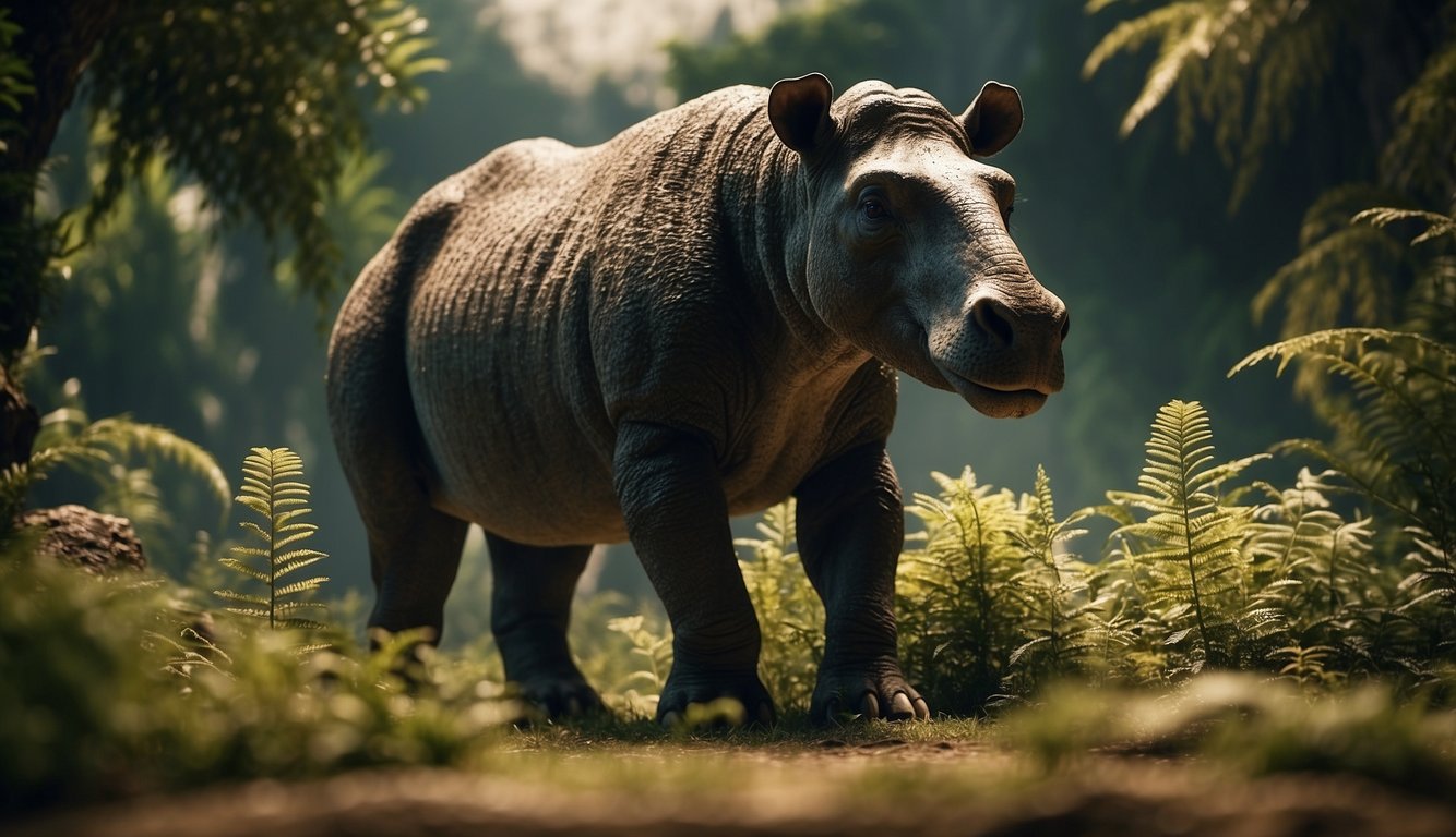 A towering Indricotherium grazes on lush prehistoric foliage, its massive body casting a shadow over the ancient landscape
