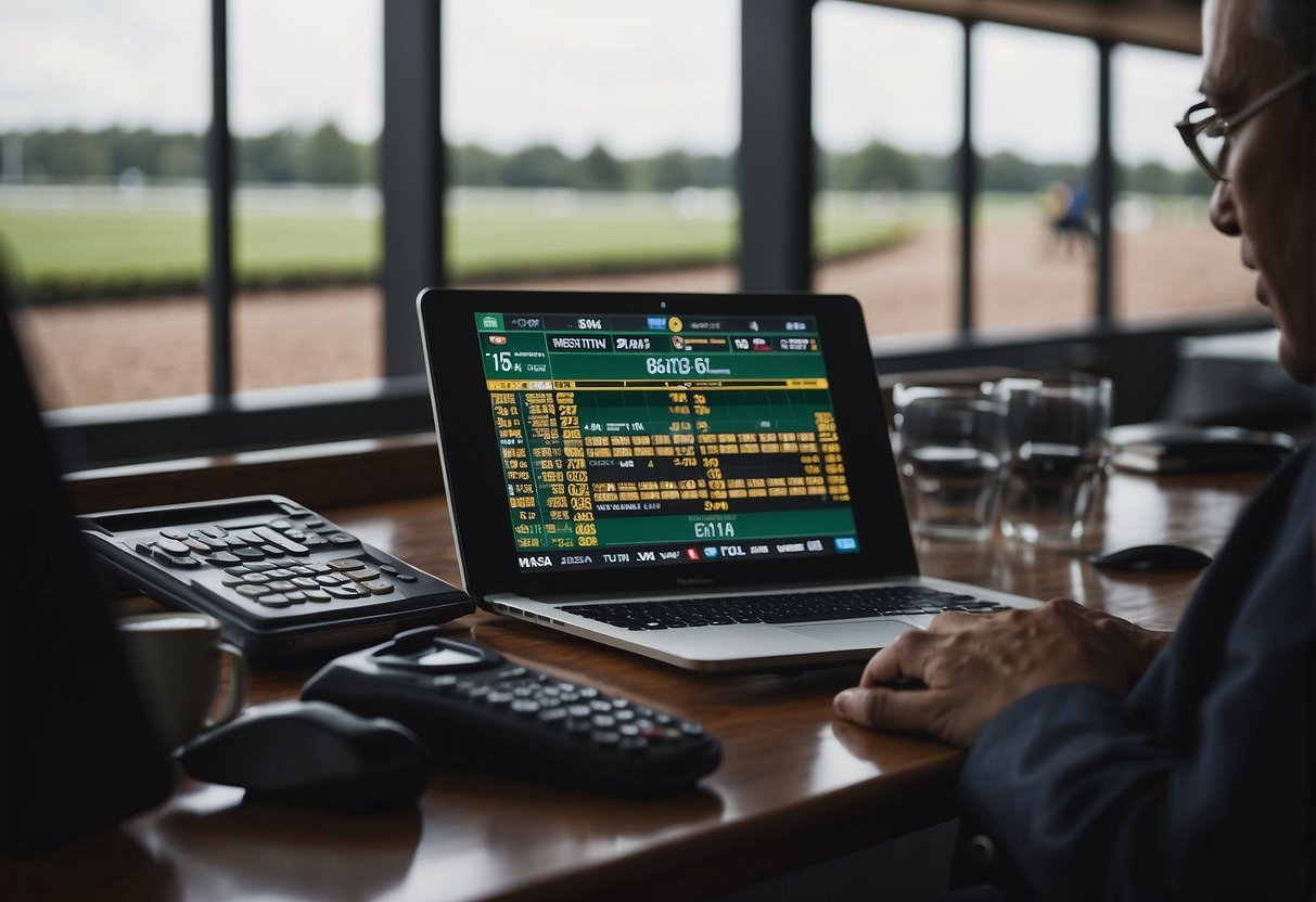A horse racing track with digital screens displaying odds and betting options, while people use their smartphones to place bets online