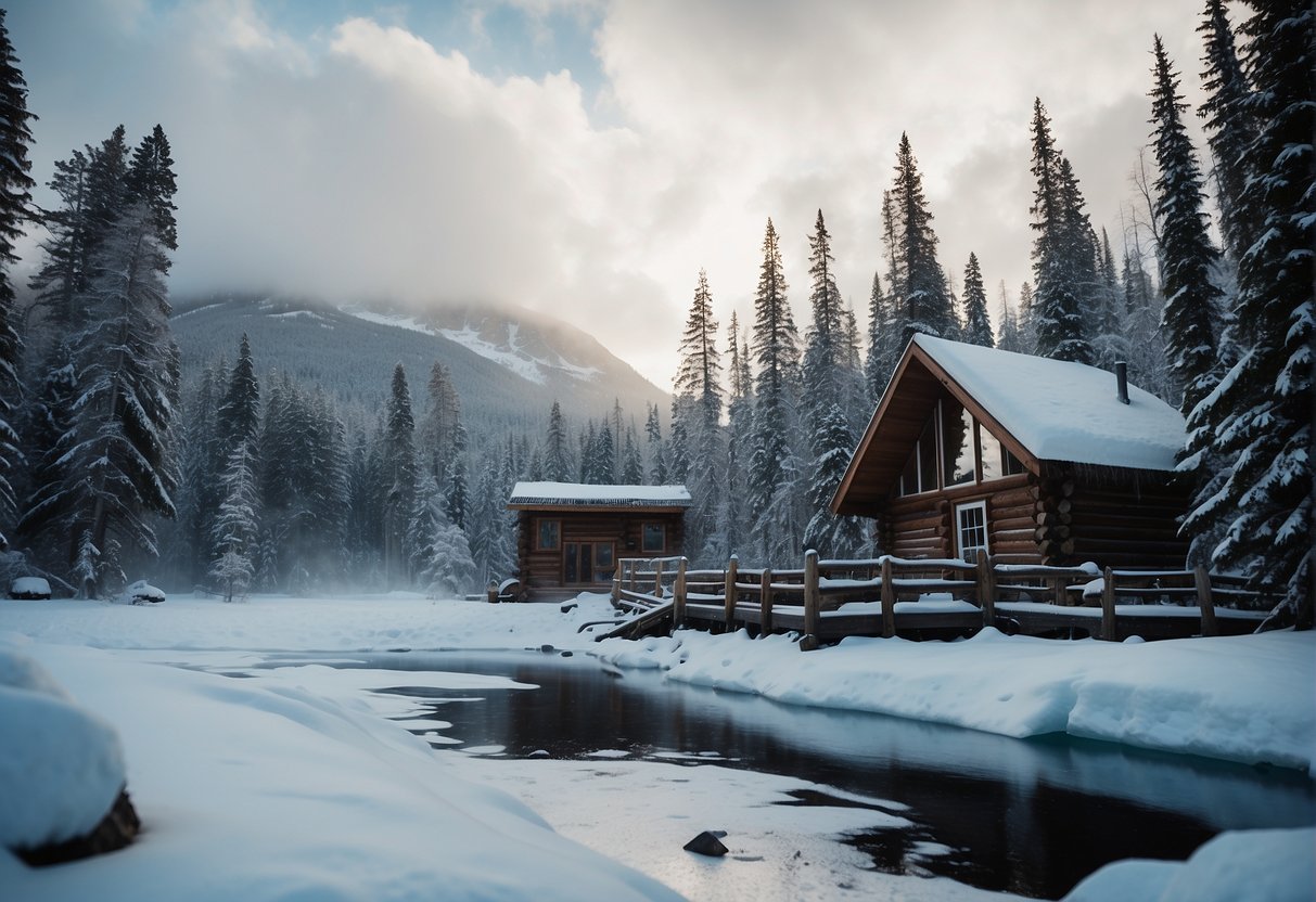 Snow-covered log cabin in remote Alaskan wilderness, surrounded by towering pine trees and a frozen lake. Smoke billows from the chimney, and a moose grazes nearby