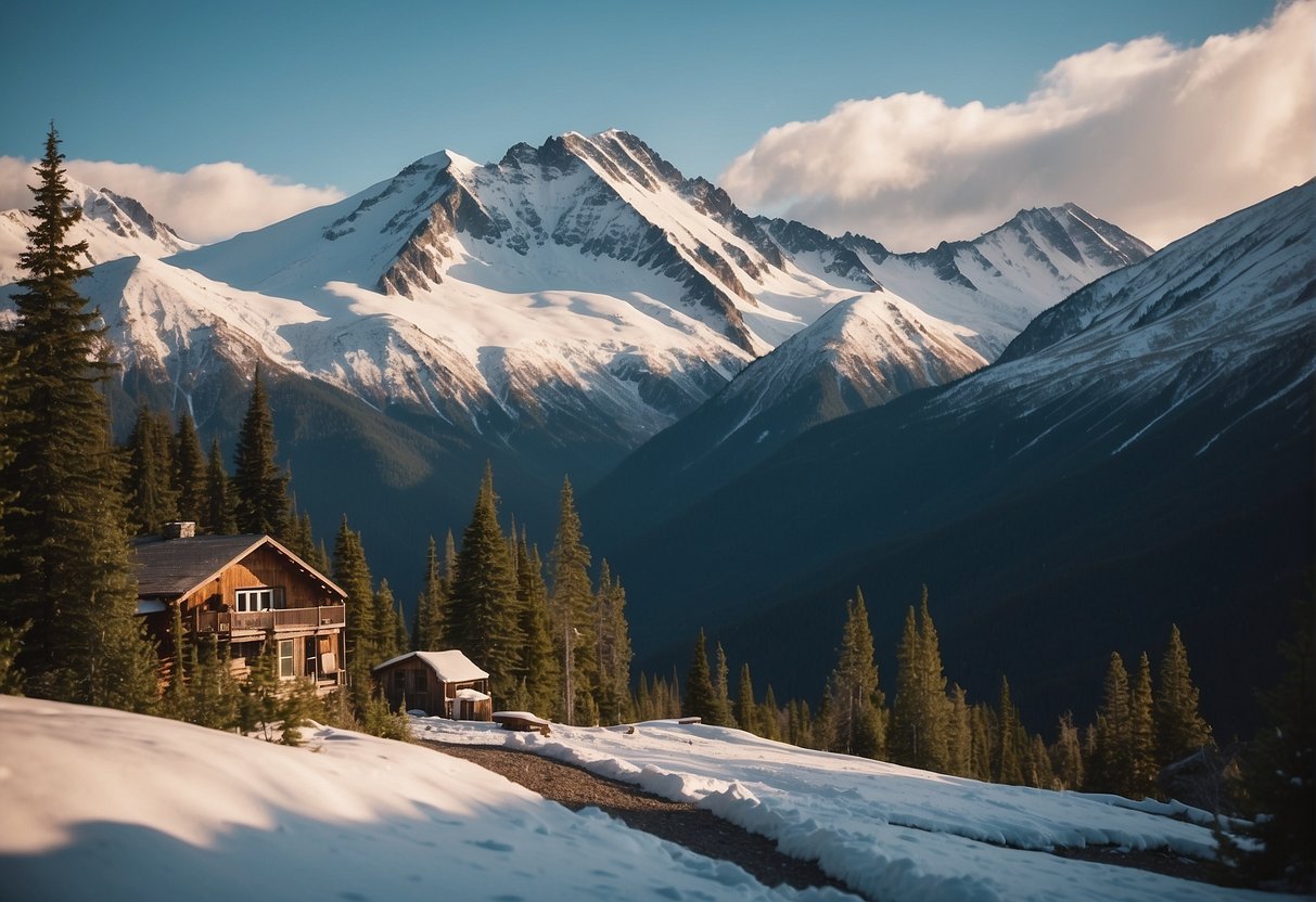 The scene depicts a tranquil Alaskan landscape with a cozy home nestled among snow-capped mountains and pristine wilderness