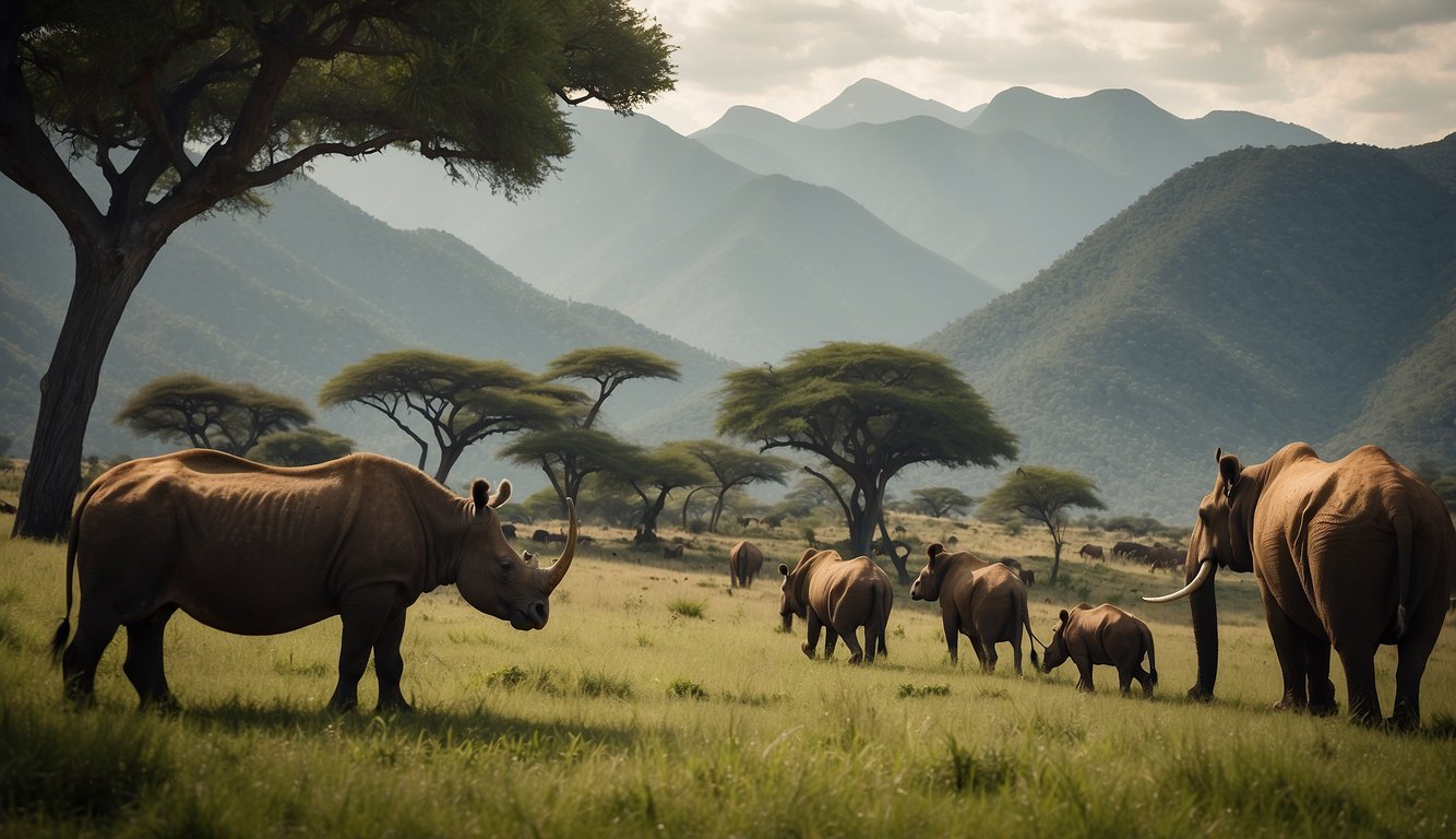 A herd of Indricotherium graze peacefully in a lush, prehistoric landscape.

Towering trees and distant mountains provide a majestic backdrop for the largest land mammals of their time