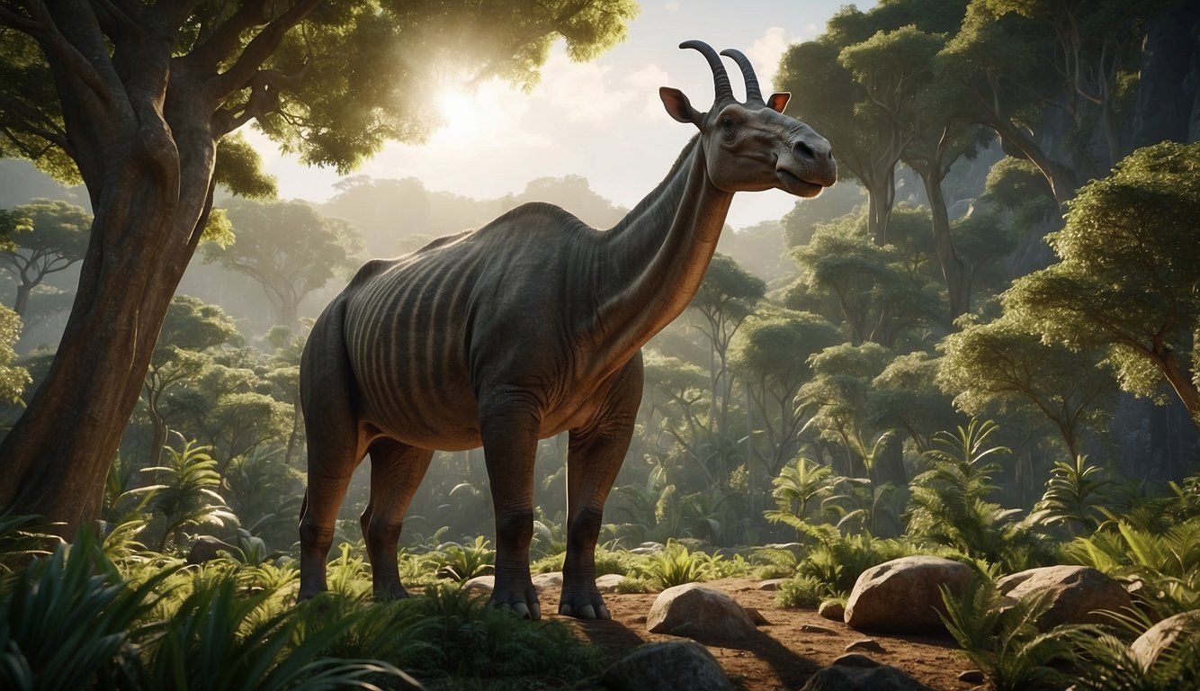 An Indricotherium stands tall in a prehistoric landscape, surrounded by lush vegetation and towering trees.

Its massive body and long neck showcase its impressive size as it grazes peacefully in its natural habitat