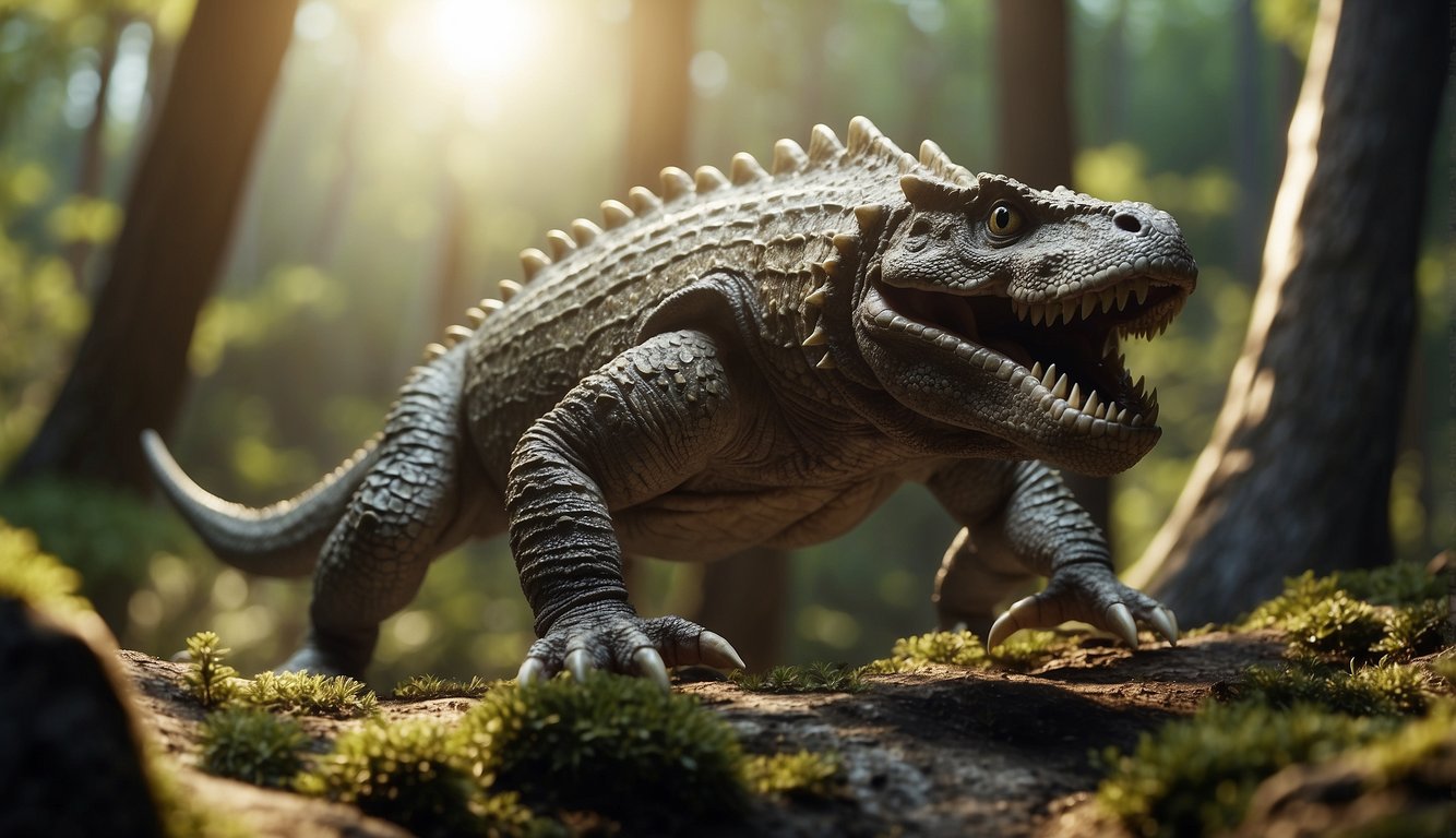 A Gorgonopsid prowls through a prehistoric landscape, its saber-like teeth gleaming in the sunlight as it hunts for its next meal