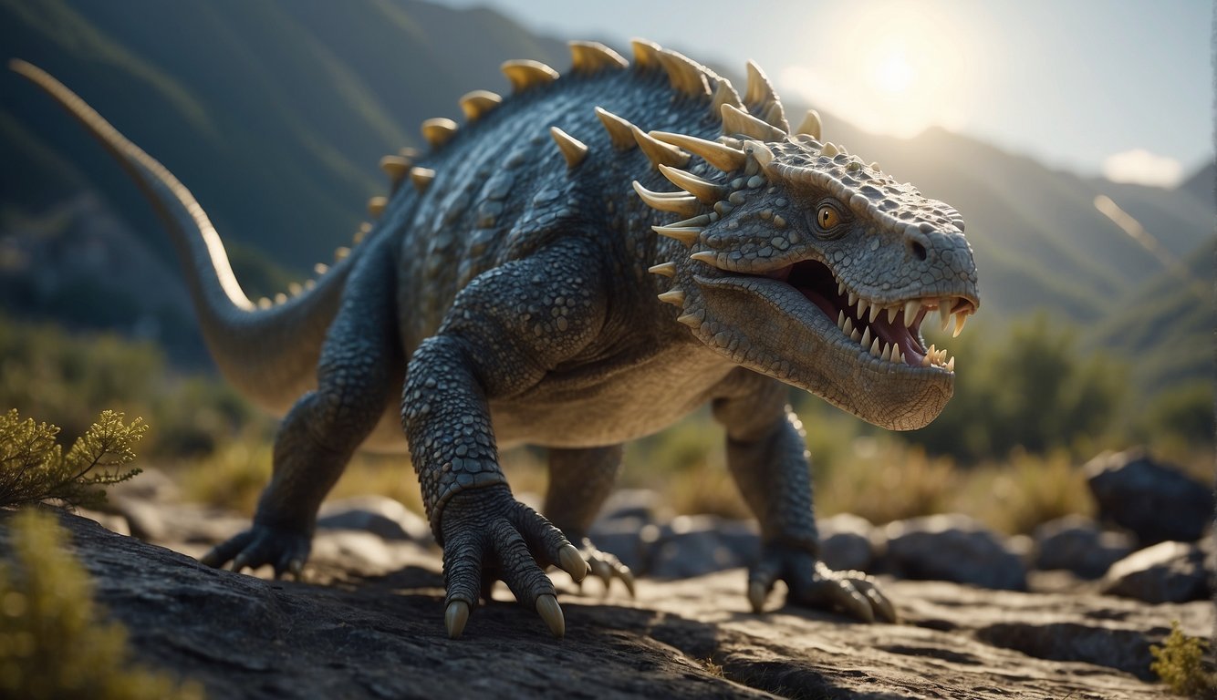 A gorgonopsid prowls through a prehistoric landscape, its saber-like teeth gleaming in the sunlight as it hunts for its next meal