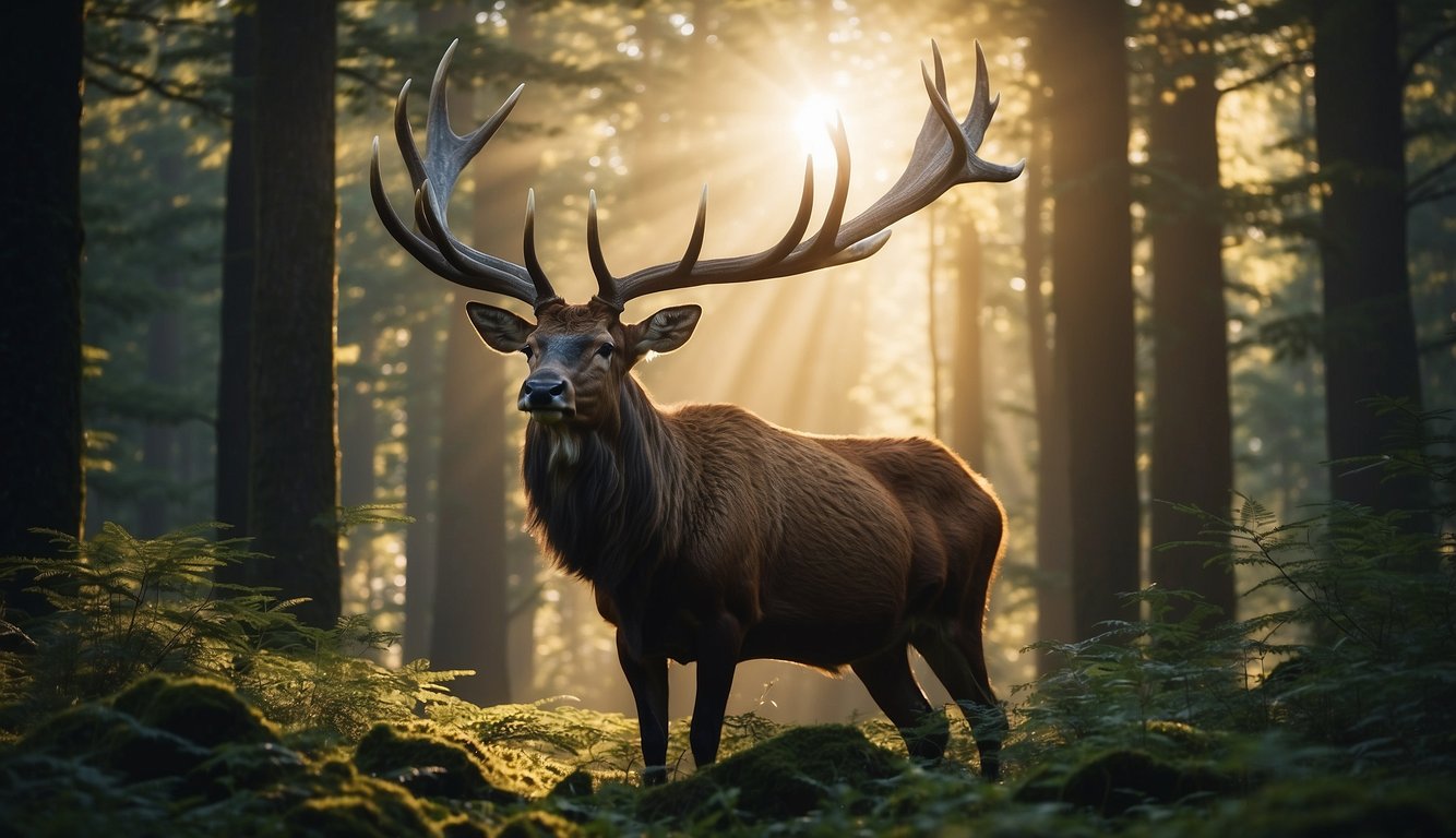 A Megaloceros stands tall in a lush forest, its magnificent antlers stretching high above its head, capturing the sunlight and casting a majestic silhouette