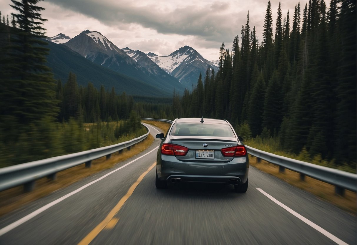 A car drives through a scenic Canadian landscape towards Alaska, with no passport in sight