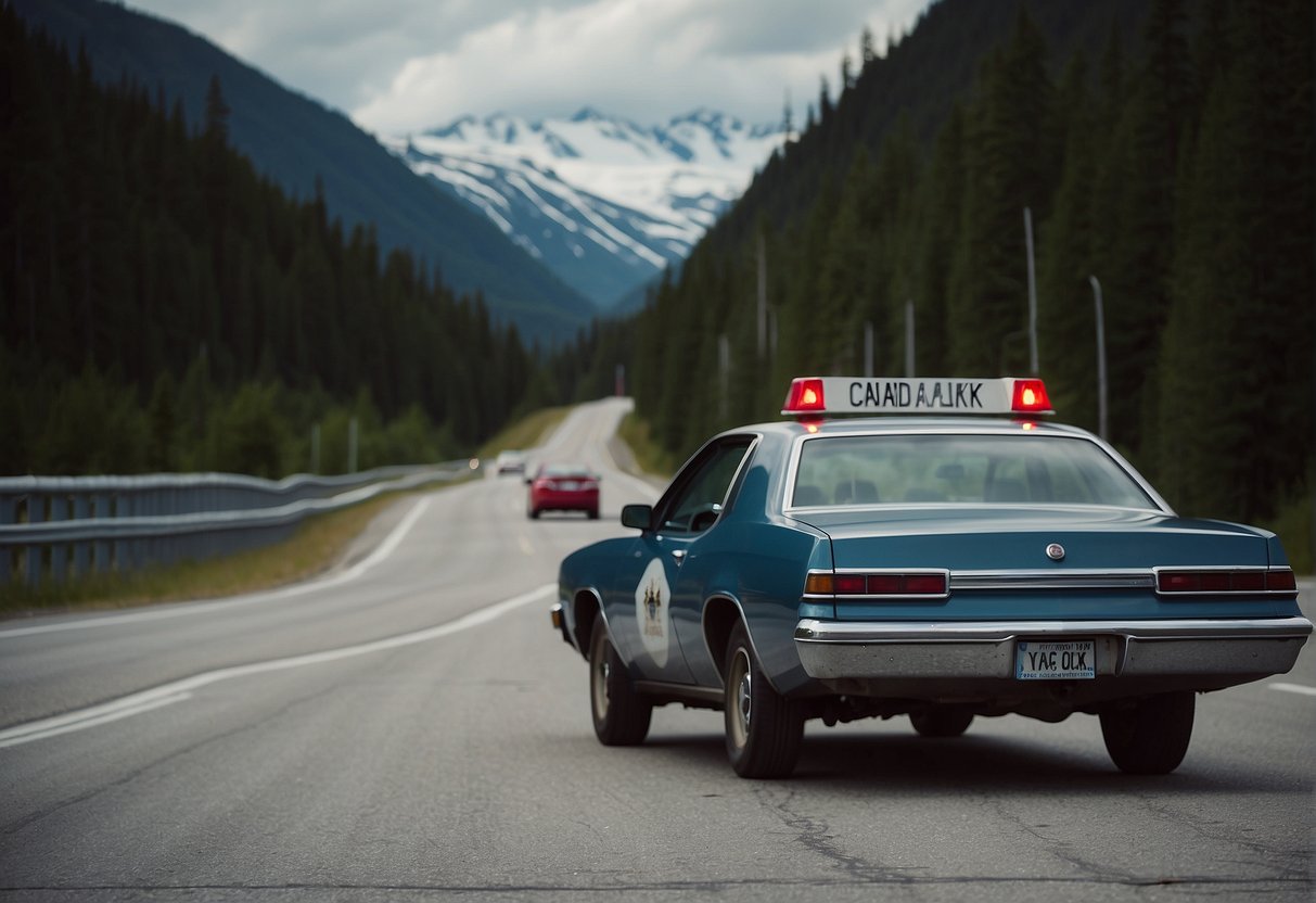 A car driving through a border checkpoint with a sign displaying "Canada to Alaska" and a passport symbol crossed out