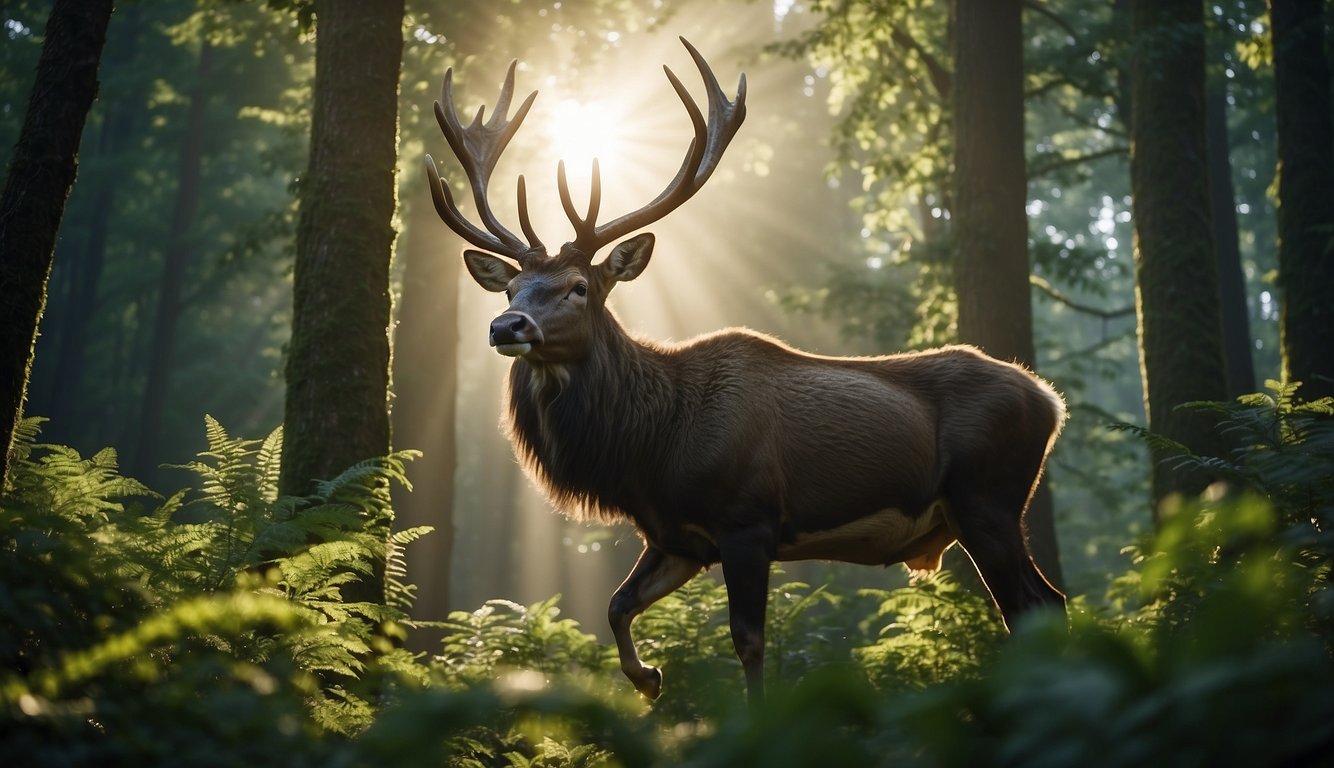 A megaloceros stands in a lush, prehistoric forest, its massive antlers reaching towards the sky.

The sun filters through the dense foliage, casting dappled shadows on the ground