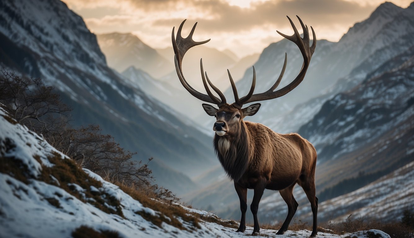 A Megaloceros stands tall in a prehistoric landscape, its giant antlers reaching towards the sky, symbolizing the grandeur of a species now lost to extinction