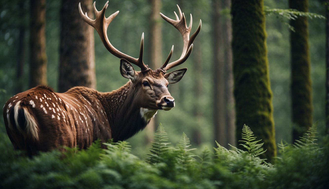 A Megaloceros with massive antlers stands majestically in a lush prehistoric forest, surrounded by ferns and towering trees