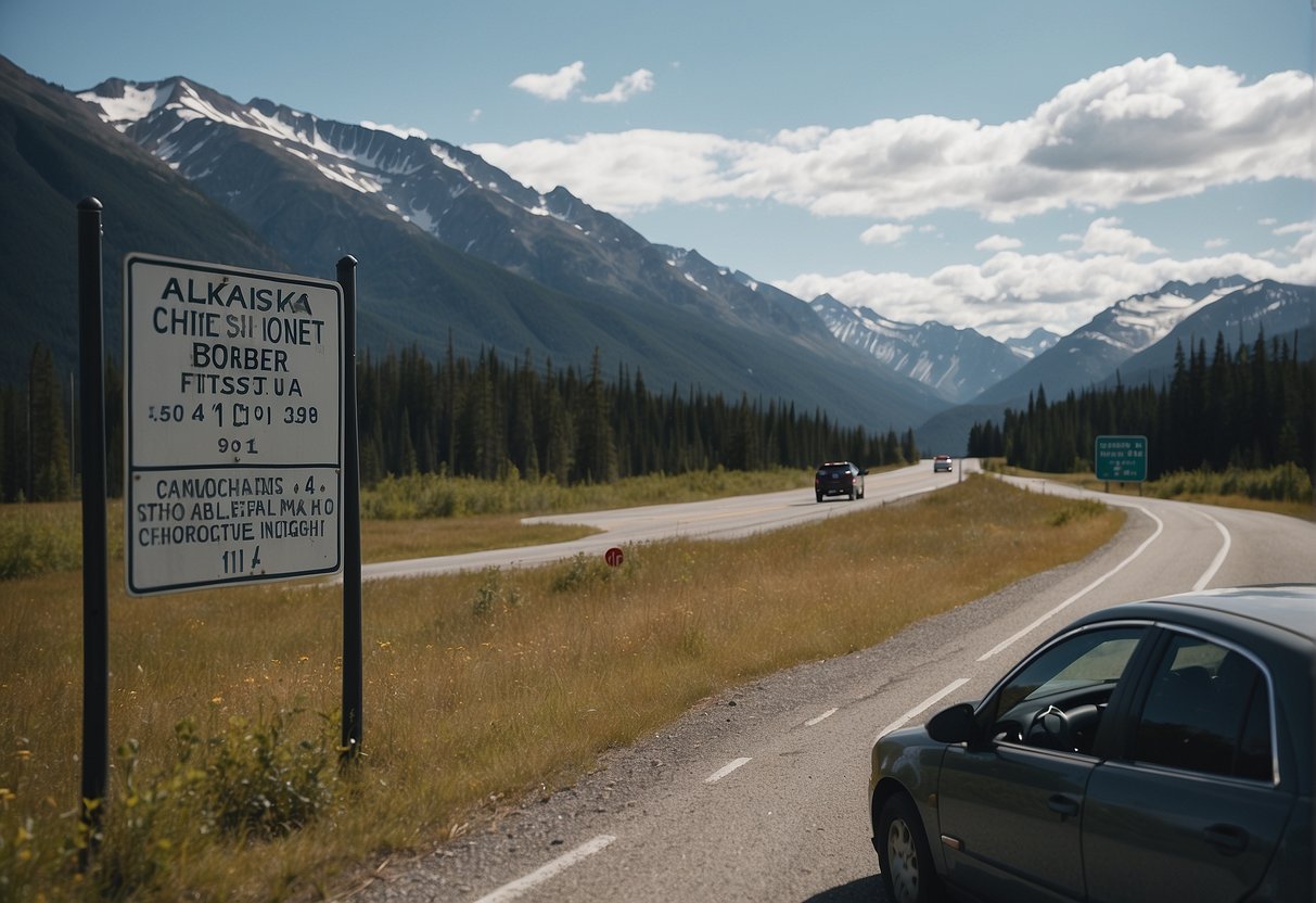 A car driving through a Canadian border checkpoint with a sign for Alaska in the distance