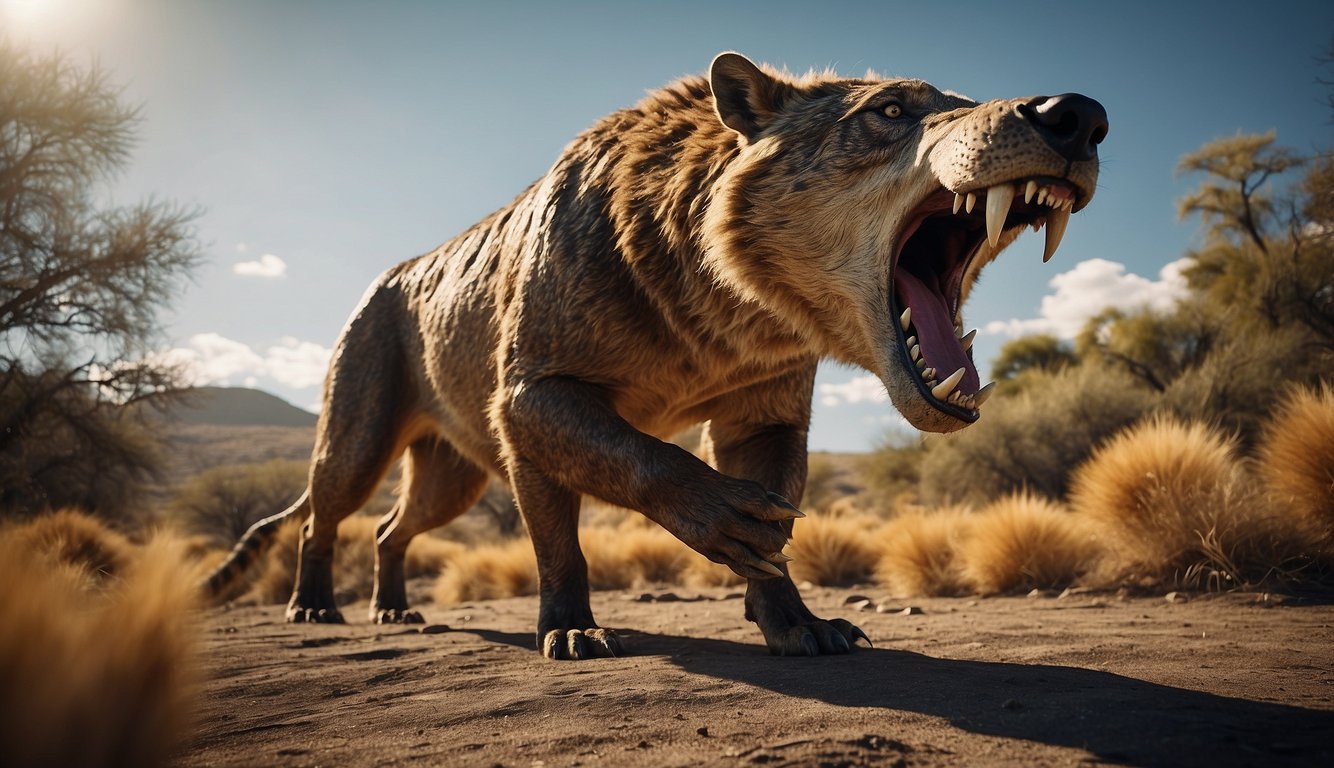 Andrewsarchus stands tall, its massive jaws open in a fierce roar.

Its sharp teeth glint in the sunlight as it prowls through a prehistoric landscape