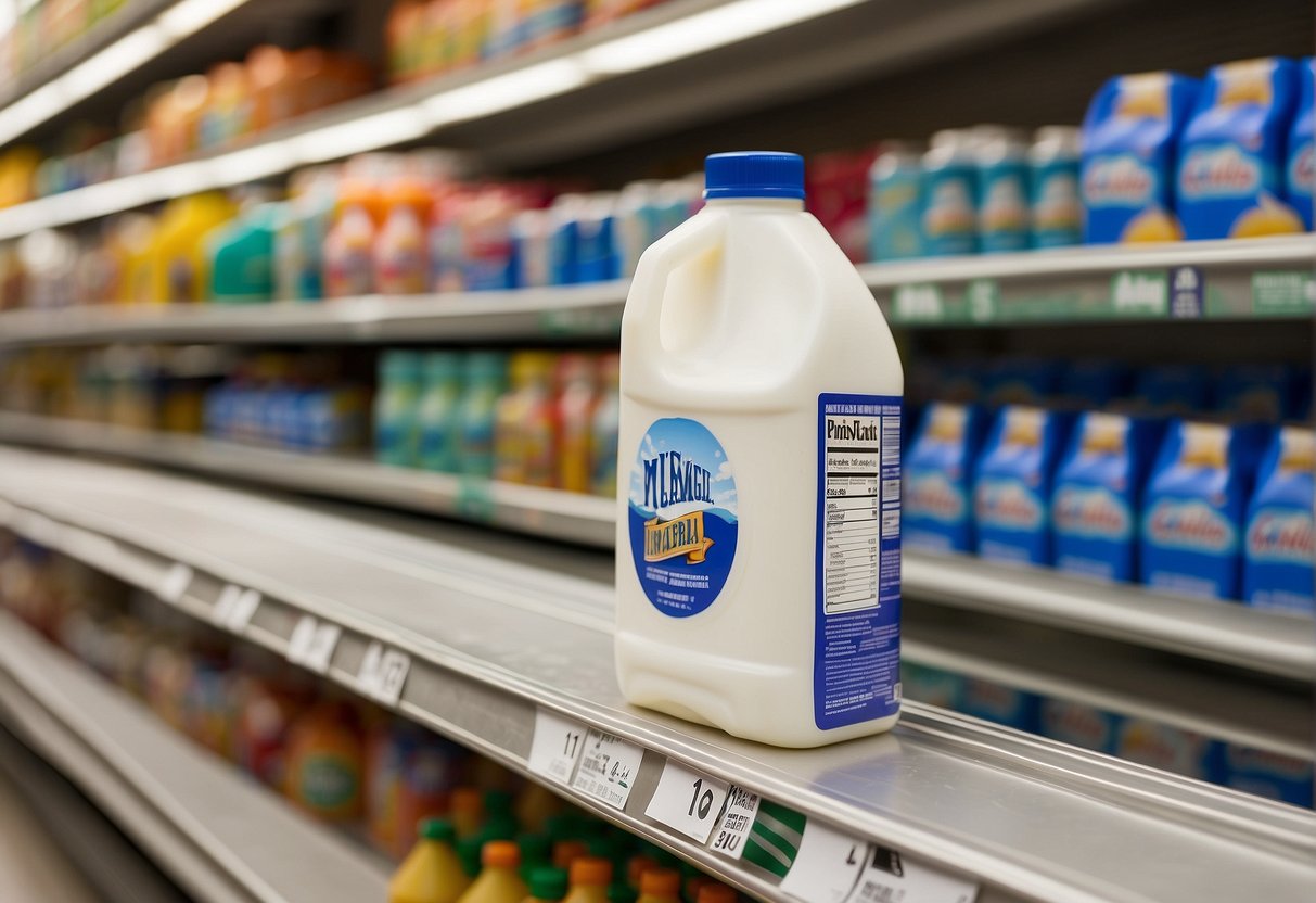 A gallon of milk sits on a grocery store shelf in Alaska, with a price tag displayed nearby