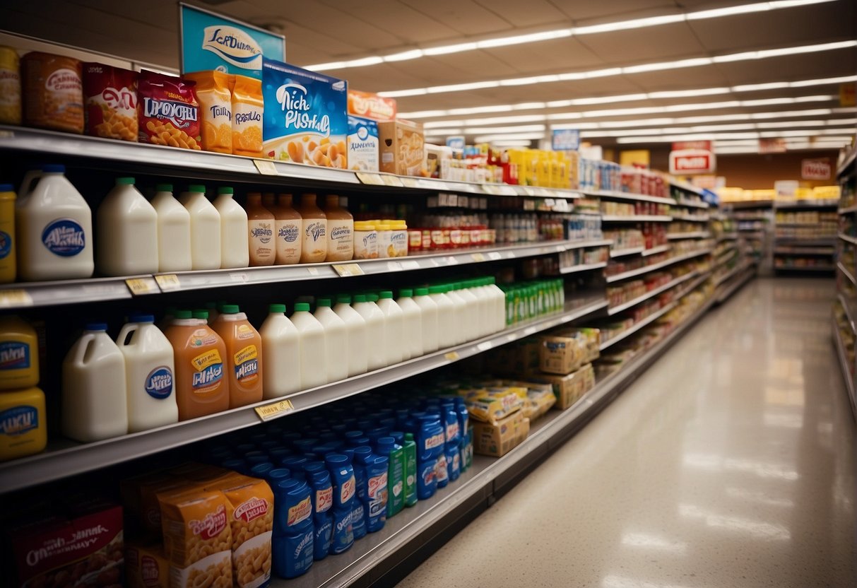 A gallon of milk sits on a grocery store shelf in Alaska, surrounded by other dairy products. Prices are displayed nearby for comparison