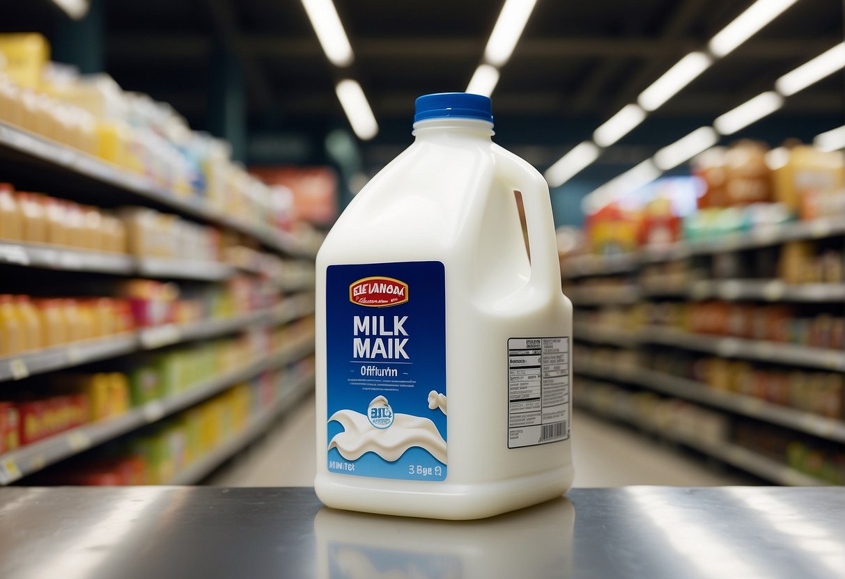 A gallon of milk sits on a grocery store shelf in Alaska. Price tags and other products fill the background