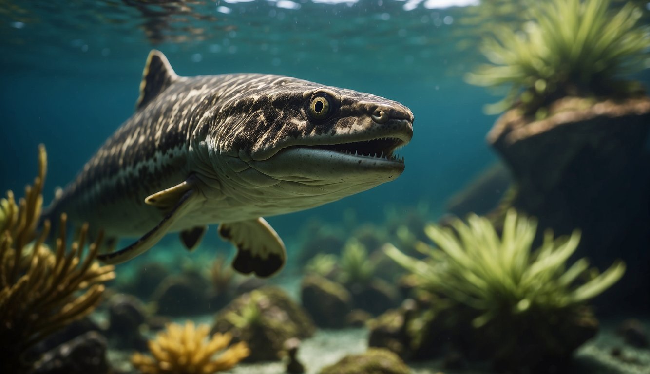 A Diplocaulus swims gracefully through the prehistoric waters, its distinctive boomerang-shaped head cutting through the currents.
Surrounding aquatic plants and other ancient creatures add to the scene's authenticity