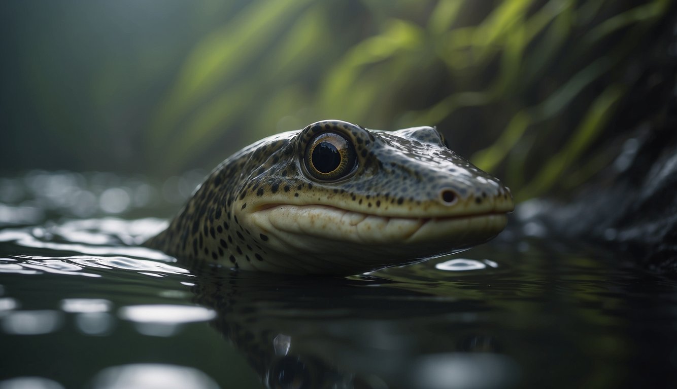 A Diplocaulus swims gracefully through the murky waters, its boomerang-shaped head breaking the surface as it searches for prey