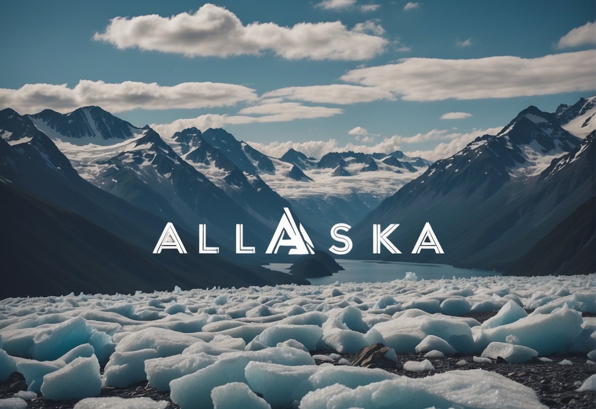 A vast landscape of towering mountains, sprawling forests, and expansive glaciers, with the word "Alaska" written in bold letters across the horizon