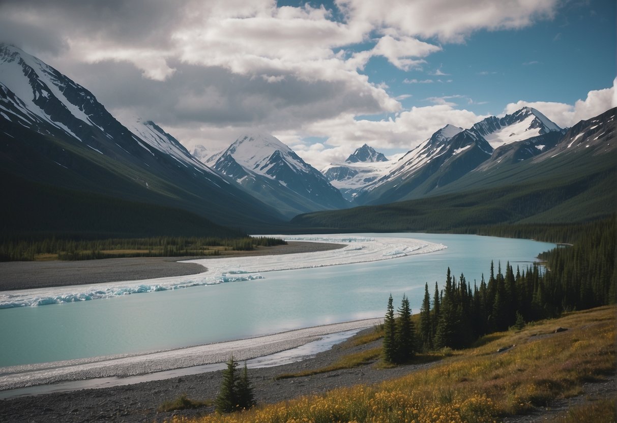 Vast Alaskan landscape with towering mountains, winding rivers, and expansive glaciers stretching to the horizon