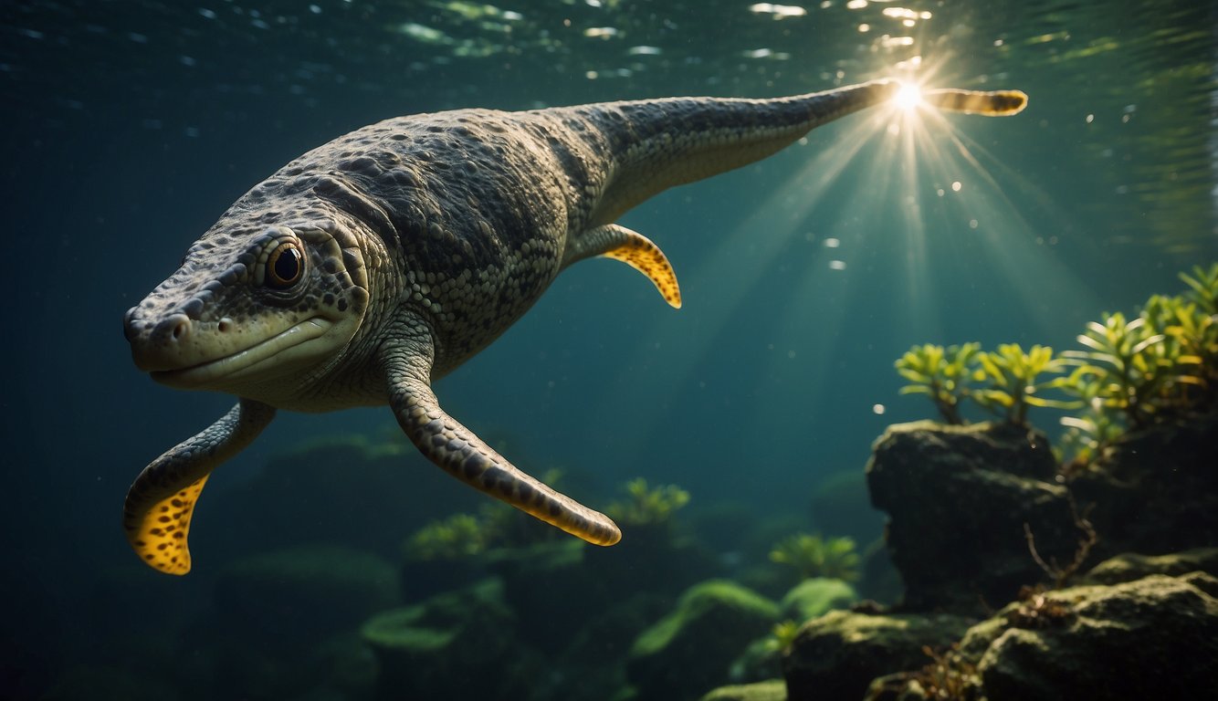 A Diplocaulus swims gracefully through the prehistoric waters, its distinctive boomerang-shaped head catching the light.
The ancient amphibian moves with purpose, a mysterious figure from a time long past