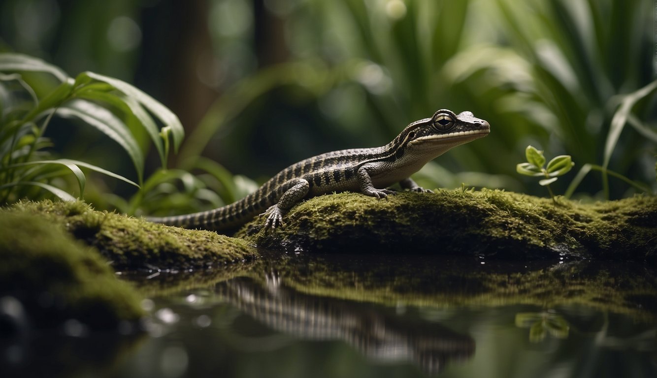 A Diplocaulus with boomerang-shaped head swims in a prehistoric swamp, surrounded by lush vegetation and other ancient amphibians