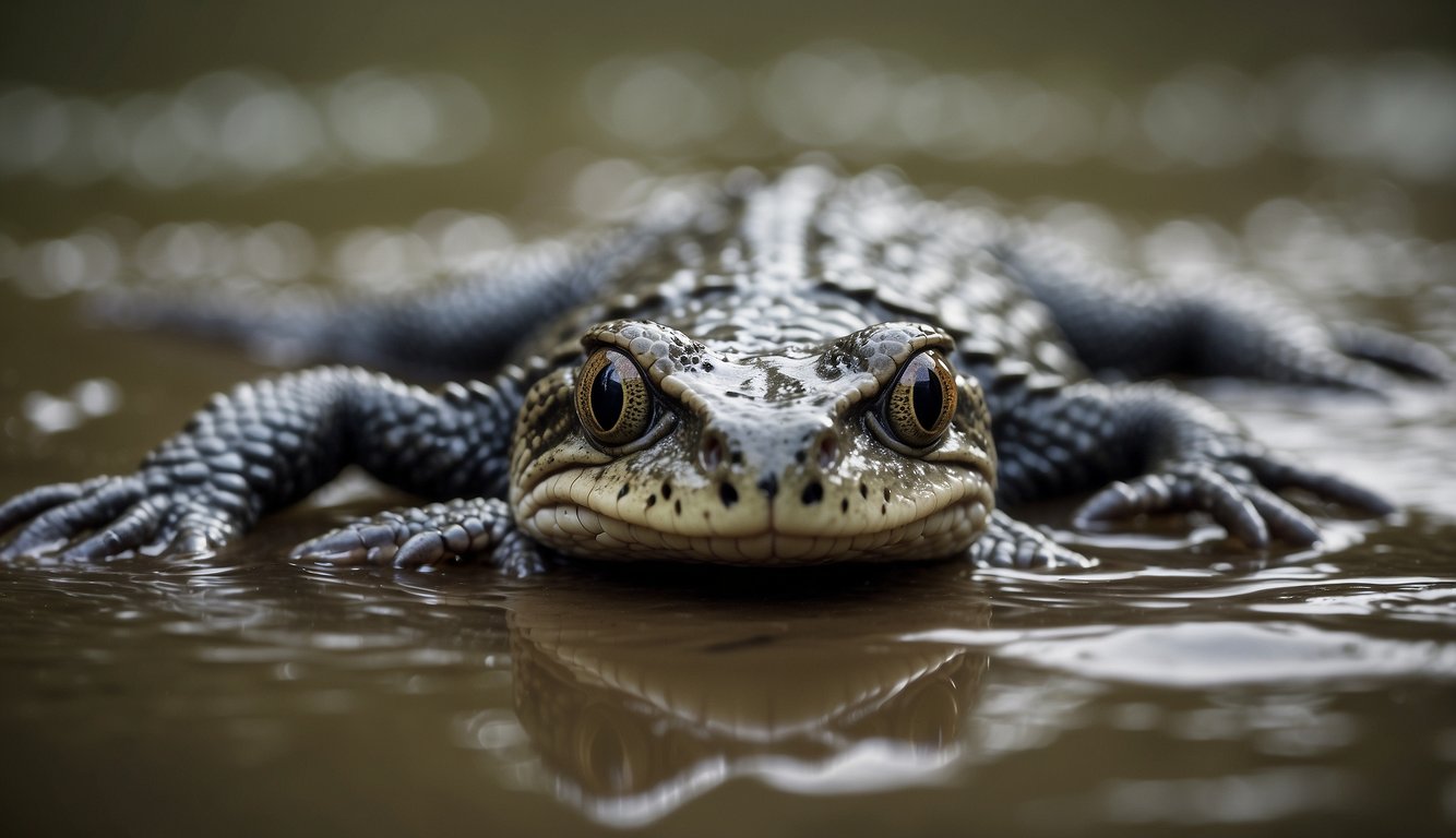 Seymouria emerges from the water onto the muddy shore, its body transitioning from fish-like to reptilian, showcasing its powerful limbs and distinct scales