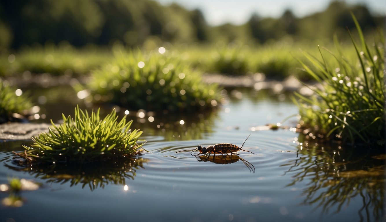 Seymouria basks in the warm sunlight on the edge of a shallow, murky pond, surrounded by lush green vegetation and small insects buzzing around