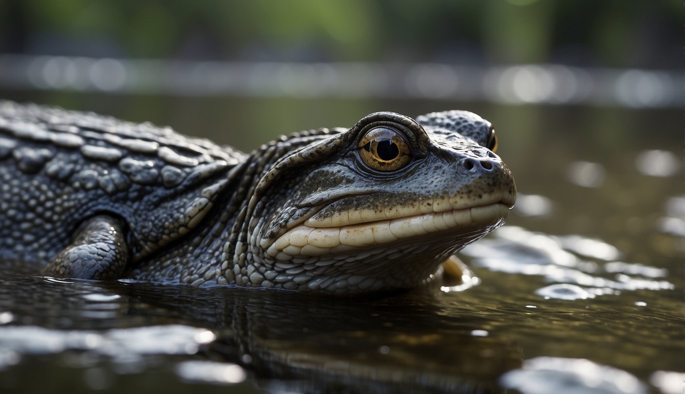 Seymouria emerges from the water onto land, showcasing its transition in evolutionary history.

Its body is adapted for both environments, with sturdy limbs and a sleek, amphibious form