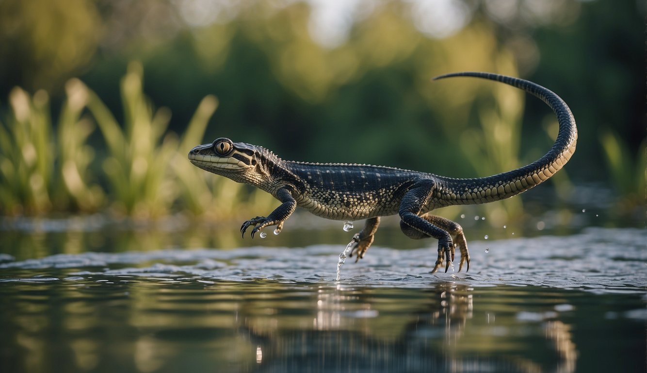 Seymouria stands on four legs, transitioning from water to land.

Its body is sleek and reptilian, with webbed feet and a long tail.

The environment is a mix of aquatic and terrestrial, with water in the background and small plants