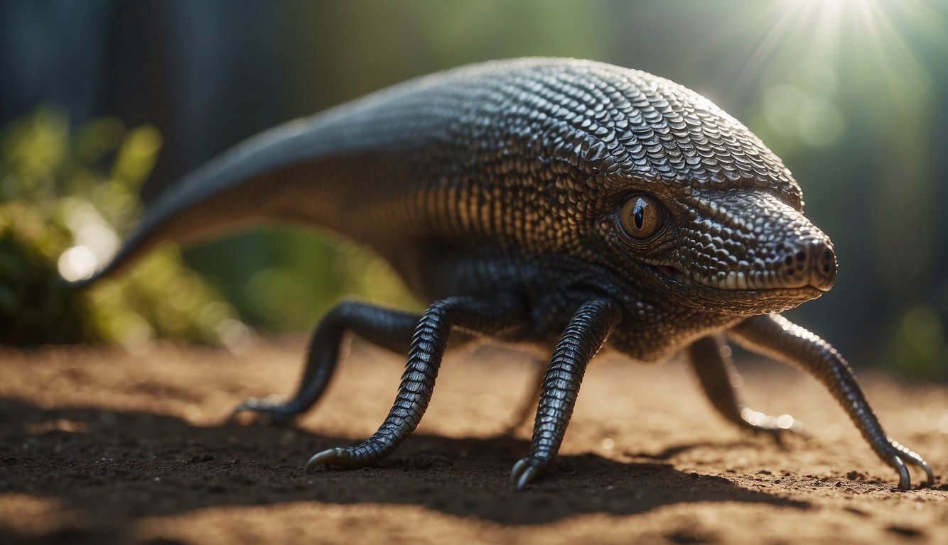 A Platyhystrix stands on all fours, its sail-like structure raised.

The creature's body is covered in scales, and its long tail curves gracefully behind it