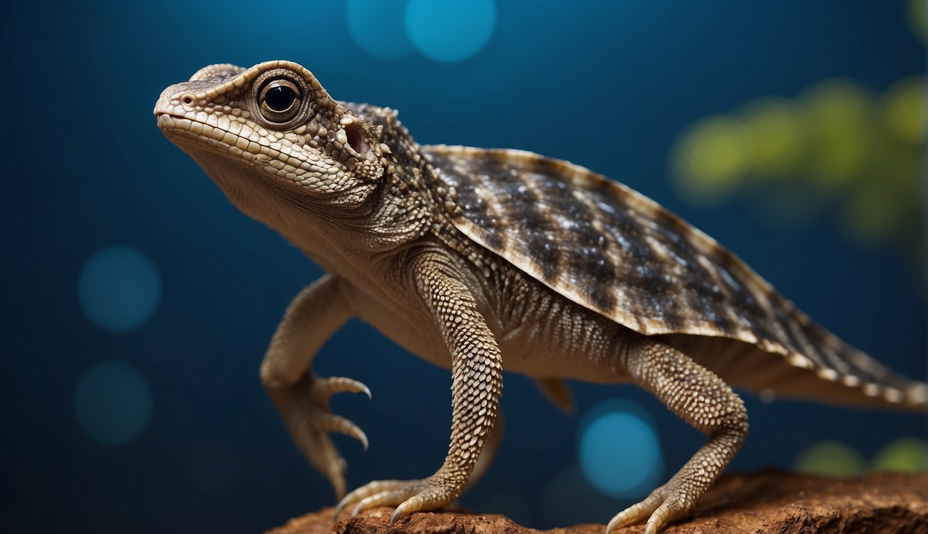 A Platyhystrix stands on its hind legs, displaying its sail-like structure on its back.

Its body is covered in scales, and it has a long tail and webbed feet
