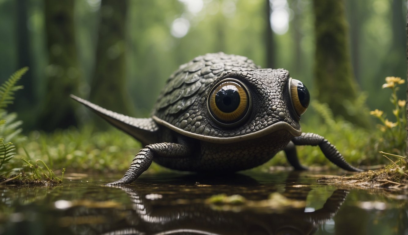 A Platyhystrix stands on all fours, its sail-like structure protruding from its back.

It gazes ahead with large, bulbous eyes, surrounded by a swampy, prehistoric landscape