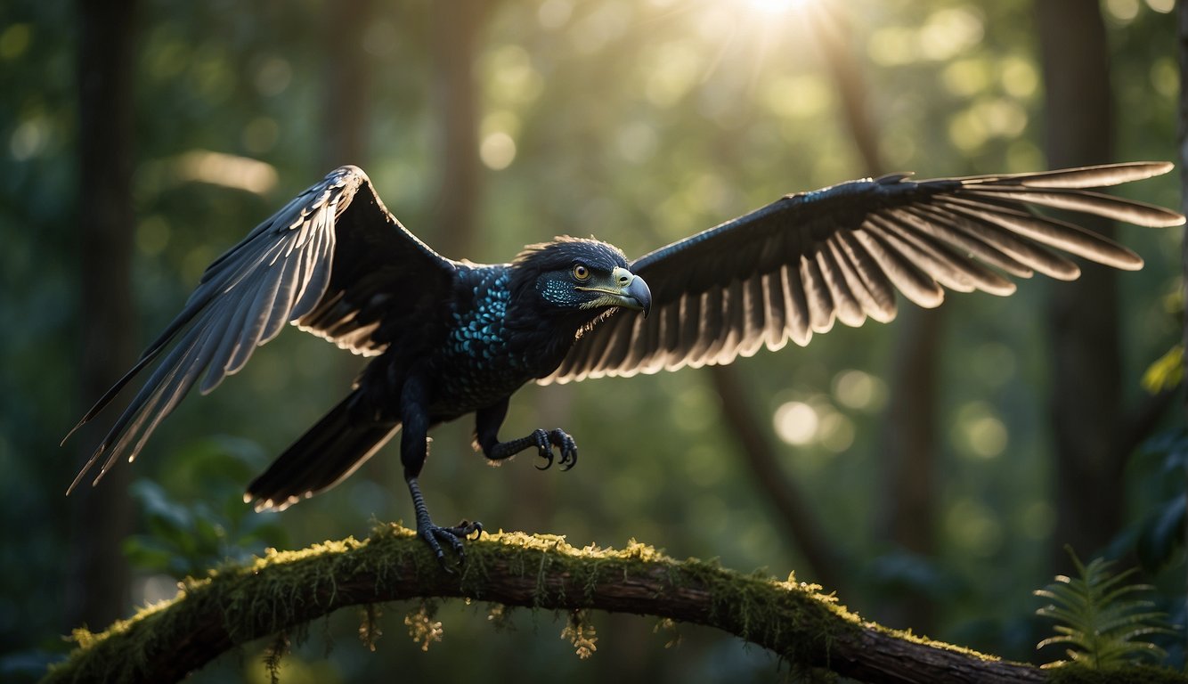 A Microraptor perches on a tree branch, its four wings outstretched.

The small dinosaur's feathers catch the sunlight as it prepares to take flight and glide through the prehistoric forest