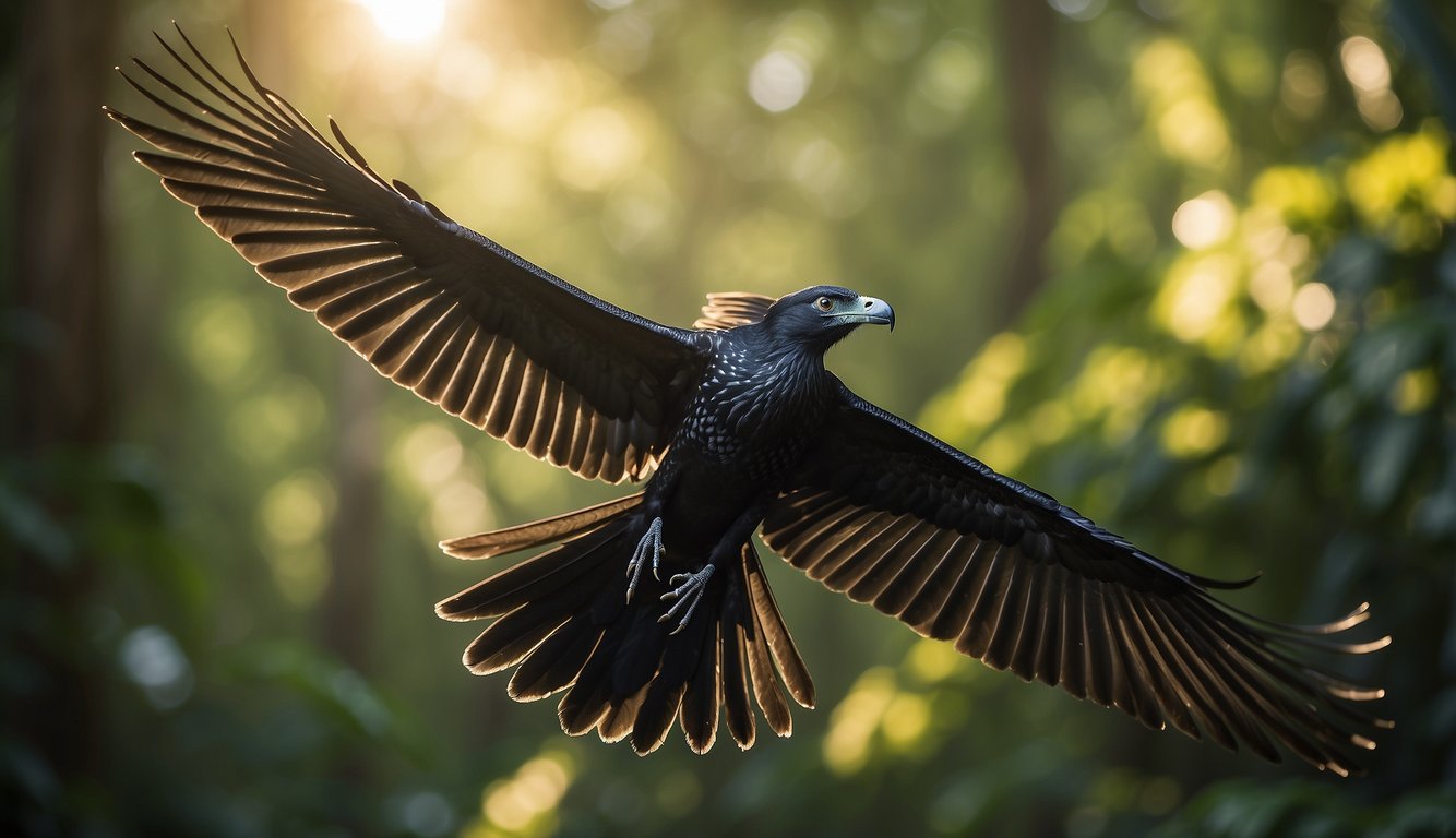 A Microraptor with four wings glides gracefully over a lush prehistoric forest, its sleek feathers catching the sunlight as it effortlessly maneuvers through the air