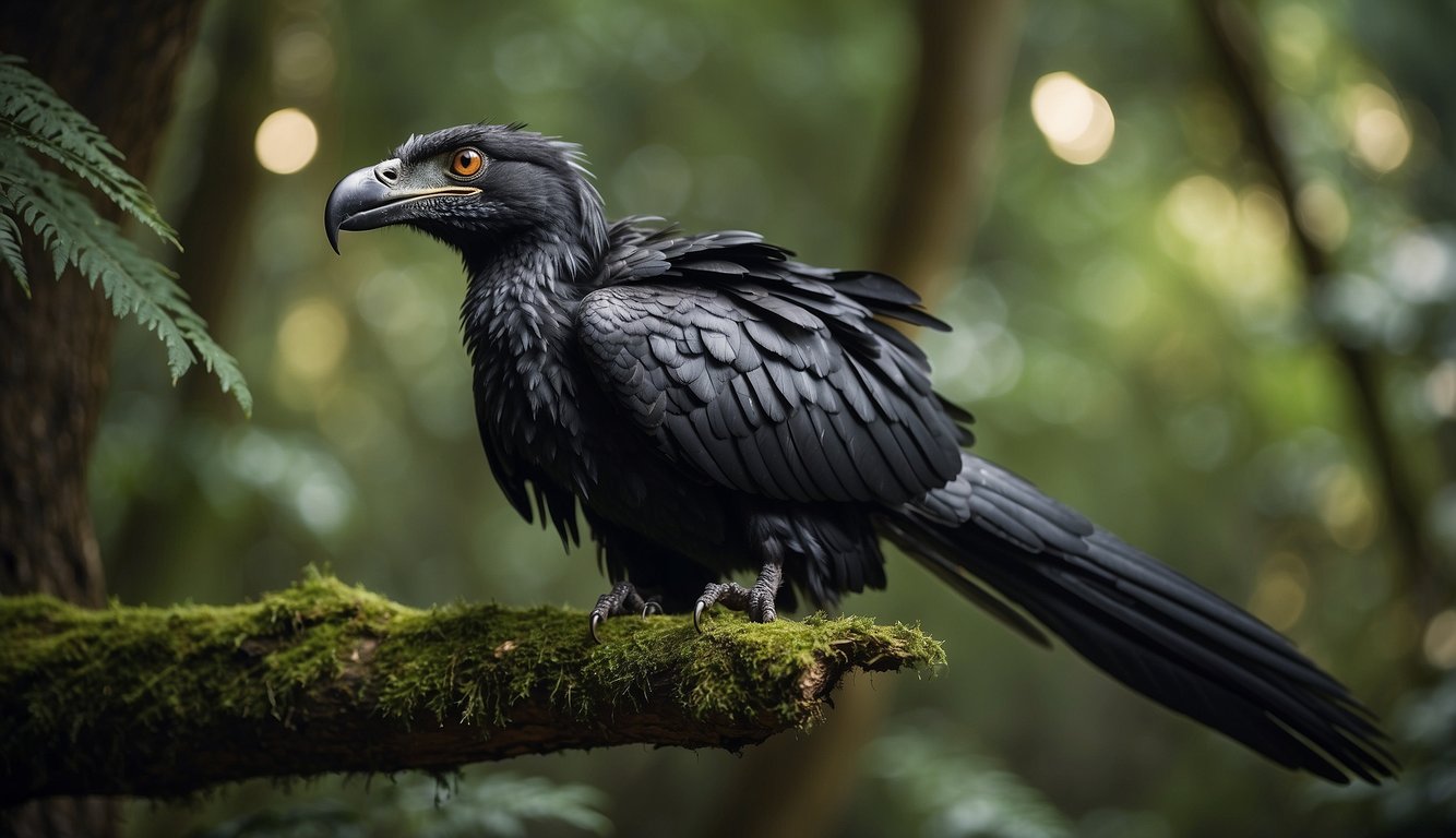 A Microraptor perches on a tree branch, its four wings outstretched as it glides through the prehistoric forest, showcasing its unique place in dinosaur evolution