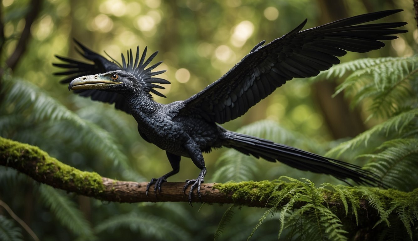 A Microraptor perches on a tree branch, its four wings outstretched, ready to take flight.

The lush prehistoric landscape surrounds the dinosaur, with towering ferns and other ancient plants in the background