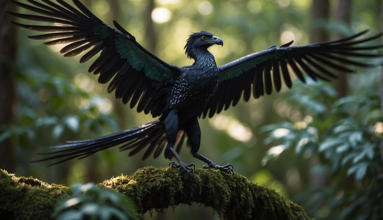 A Microraptor with four wings glides gracefully through a dense prehistoric forest, its sleek and feathered body catching the sunlight as it moves