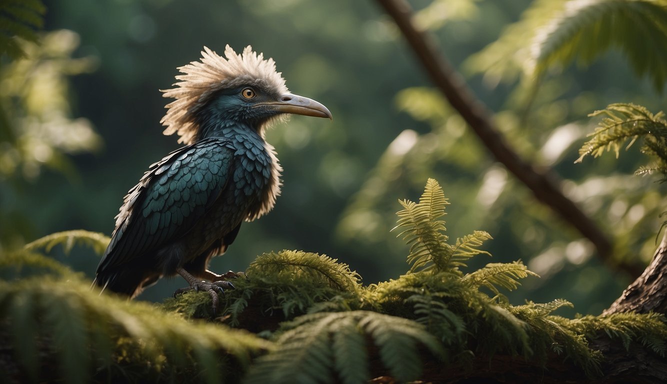 Archaeopteryx perched on a tree branch, feathers ruffled in the wind, surrounded by lush prehistoric foliage.

Nearby, a small dinosaur peers curiously at the ancient bird