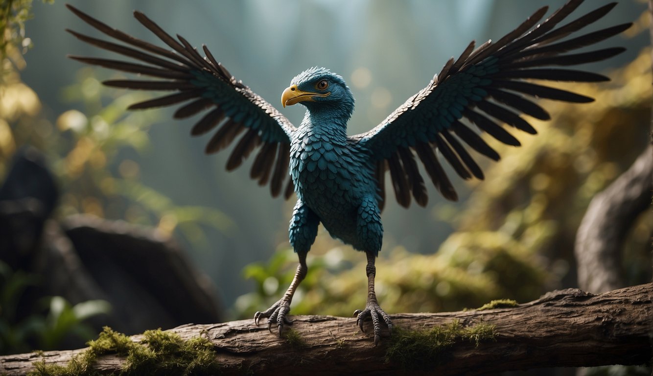 Archaeopteryx perched on a branch, surrounded by dinosaur fossils.

Its feathers resemble those of a modern bird, while its reptilian features hint at its dinosaur ancestry