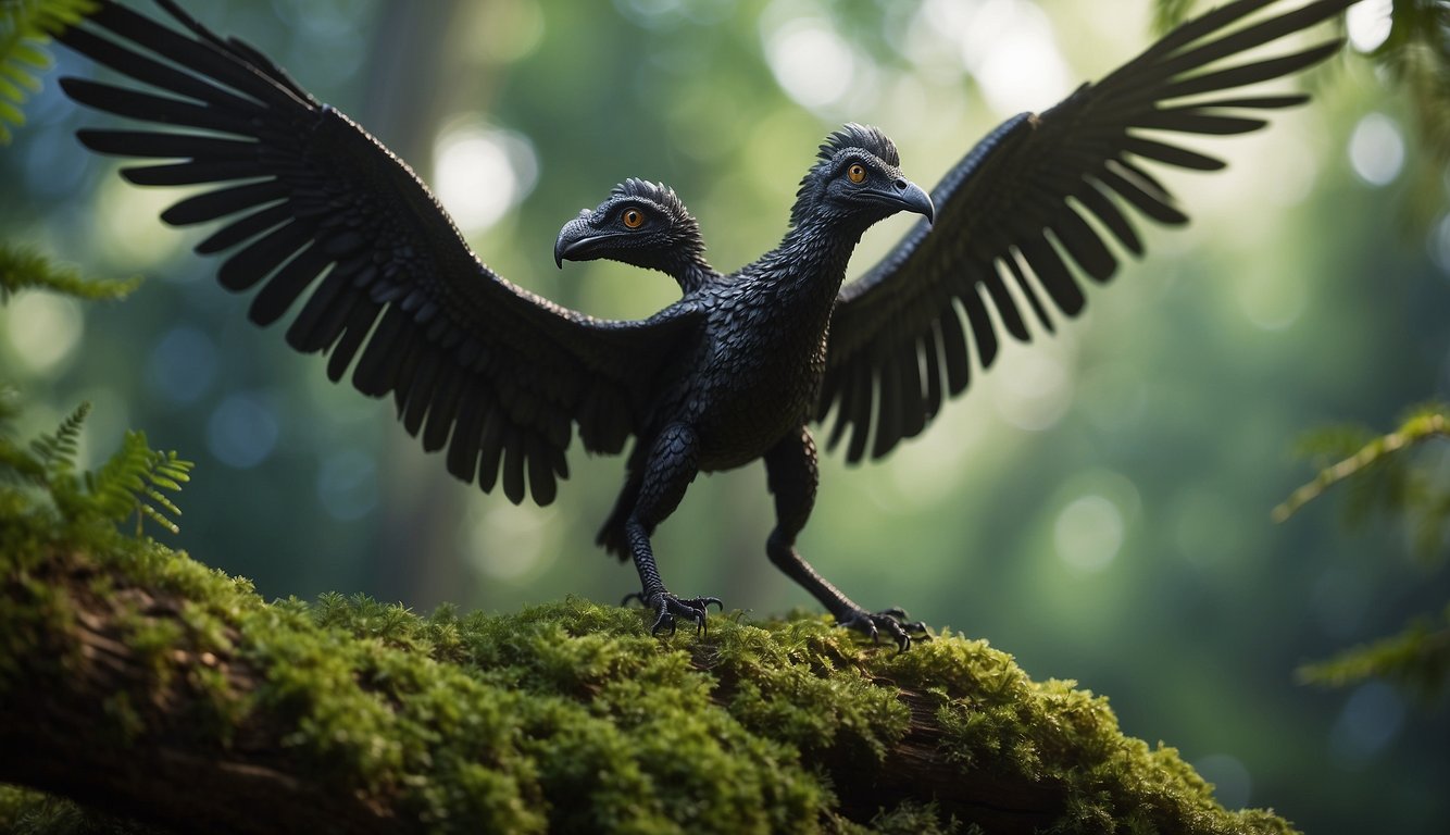 An Archaeopteryx perched on a tree branch, surrounded by lush prehistoric foliage, with a distant silhouette of a dinosaur in the background