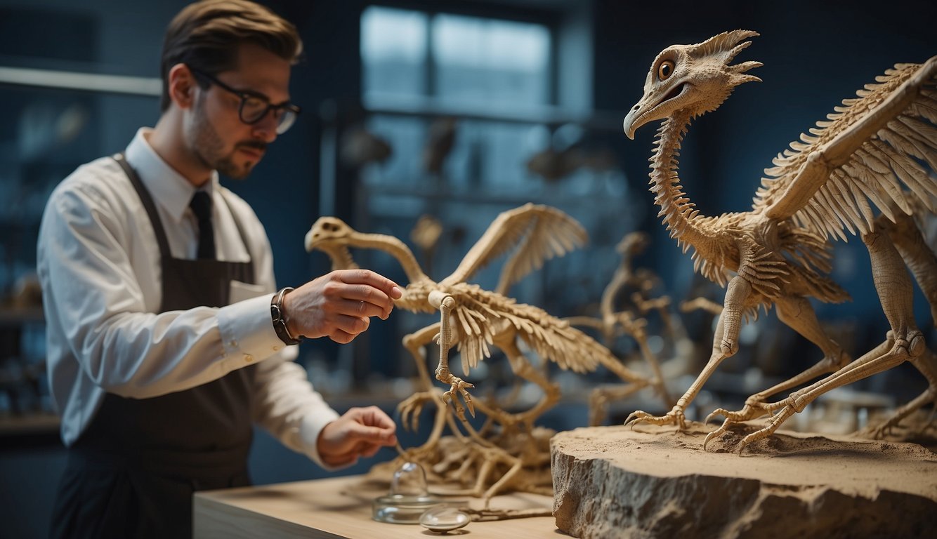 A fossil of Archaeopteryx displayed alongside dinosaur skeletons, with scientists studying its significance in a modern laboratory